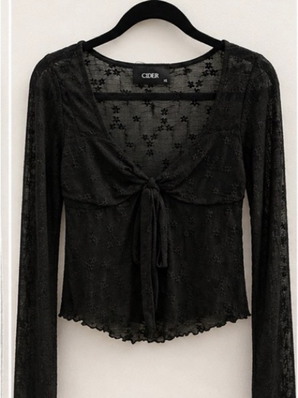 Cider Black Sheer Floral Tie-Front Long Sleeve Top